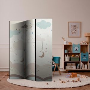 Paravent - Cloudy Night Sky - Moons in Browns and Beiges Amid Numerous Clouds and Stars on a Light Background