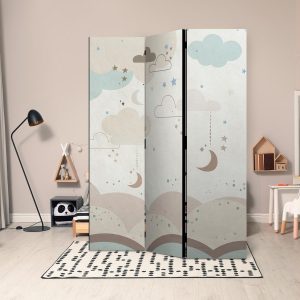 Paravent - Cloudy Night Sky - Moons in Browns and Beiges Amid Numerous Clouds and Stars on a Light Background