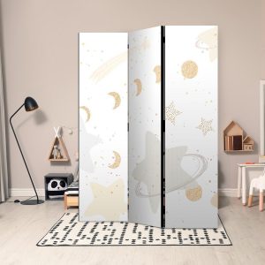 Paravent - Fairy-Tale Galaxy - Moon Phases in Shades of Yellow Among Stars in Beige and Ash Colors with Stardust