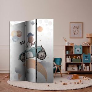 Paravent - Galactic Races - Bear Participating in Car Races Among Planets - Clouds - and Stars in Pastel Hues