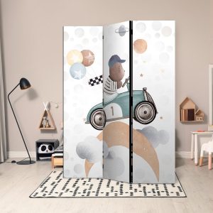 Paravent - Galactic Races - Bear Participating in Car Races Among Planets - Clouds - and Stars in Pastel Hues