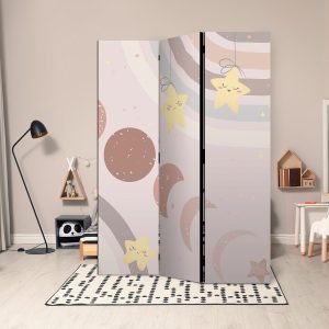 Paravent - Joyful Sky - Yellow Cheerful Stars with a Rainbow Against the Phases of the Moon - in the Sky Colored Light Beige