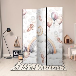 Paravent - Plush Bears with Balloons - Flying Light-Brown Bears Among Balloons - Clouds - and Rainbows in Subdued - Pastel Hues