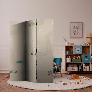 Paravent - Race - Colorful Cars on a Road on a Beige Background with Stars