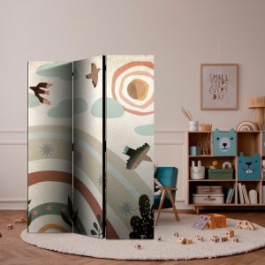 Paravent - Sun Above the Rainbow - Birds in Subdued Colors Flying Among Clouds Above a Rainbow and Vegetation on a Light Beige Background