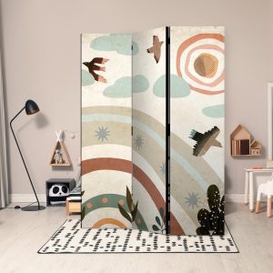 Paravent - Sun Above the Rainbow - Birds in Subdued Colors Flying Among Clouds Above a Rainbow and Vegetation on a Light Beige Background