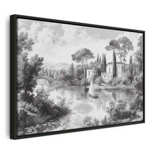 Tableau - Black and White Vintage Landscape Retro View of a Pond with a Boat