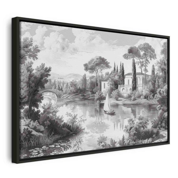 Tableau - Black and White Vintage Landscape Retro View of a Pond with a Boat