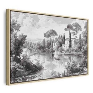 Tableau - Black and White Vintage Landscape Retro View of a Pond with a Boat
