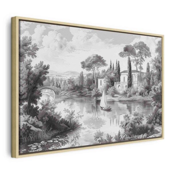 Tableau - Black and White Vintage Landscape Retro View of a Pond with a Boat