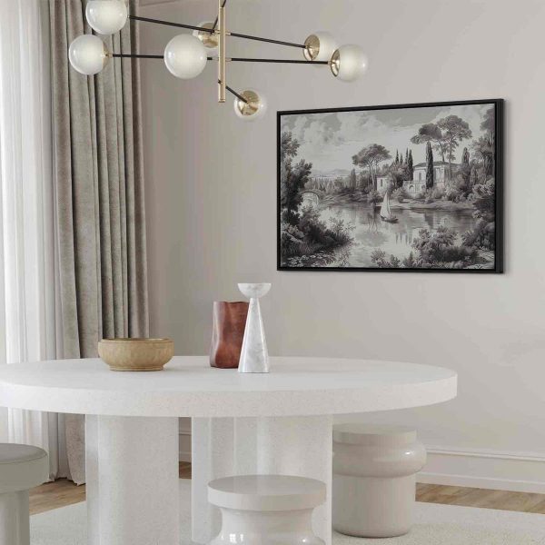 Tableau - Black and White Vintage Landscape Retro View of a Pond with a Boat