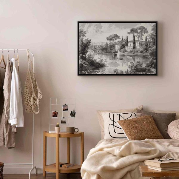 Tableau - Black and White Vintage Landscape Retro View of a Pond with a Boat