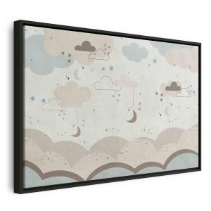 Tableau - Cloudy Night Sky - Moons in Brown and Beige Hues Among Clouds and Numerous Little Stars on a Light Background