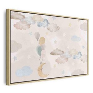 Tableau - Fairy-Tale Moon - Pastel Moon with Balloons Among Colorful Clouds and Stars in Subdued Colors on a Light Background