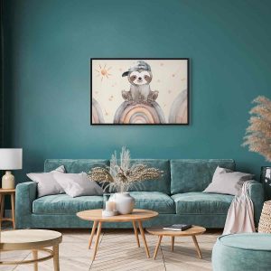 Tableau - Happy Sloth - Sloth in Subdued Colors Wearing a Cap Sitting on a Rainbow Among Little Stars