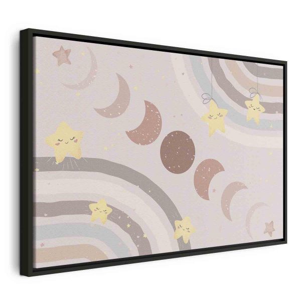 Tableau - Joyful Sky - Yellow Cheerful Stars with a Rainbow Against the Phases of the Moon in a Light Beige Sky Hue