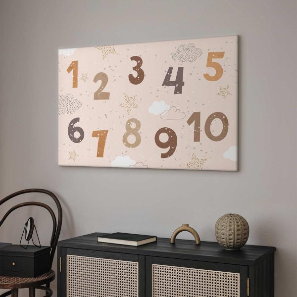 Tableau - Jumping Numbers - Numbers in a Subdued Beige-Brown Hue Among Snowflakes Stars and Clouds