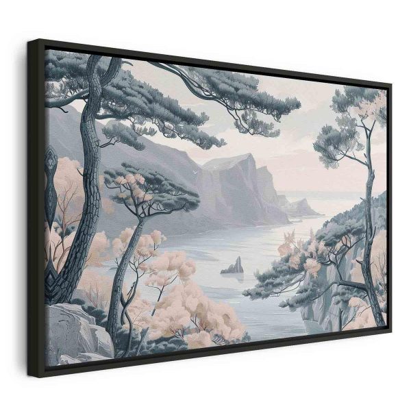 Tableau - Mountainous Coast with Trees and Rocks in Light Pastel Blues