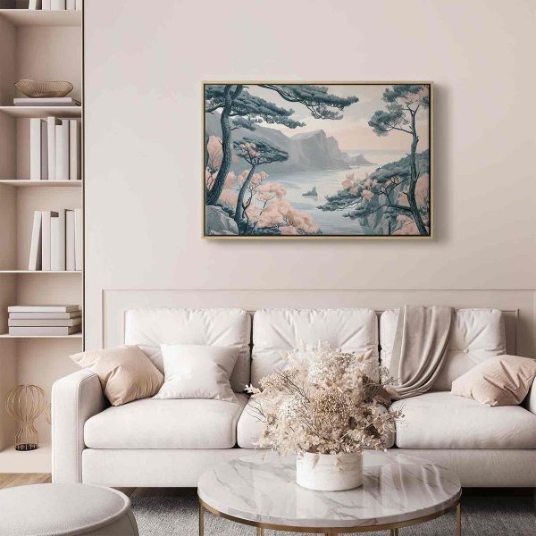 Tableau - Mountainous Coast with Trees and Rocks in Light Pastel Blues