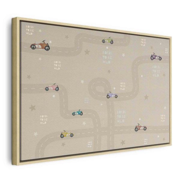 Tableau - Race - Colorful Cars on a Road on a Beige Background with Inscriptions