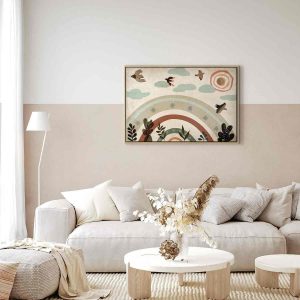 Tableau - Rainbow and Sun Above - Birds in Subdued Colors Flying Among Clouds Above a Rainbow and Various Plants on a Light Background