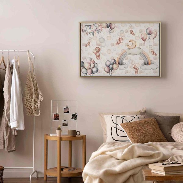 Tableau - Toy Bears with Balloons - Flying Plush Bears Among Balloons Clouds and Rainbows in Subtle Pastel Hues