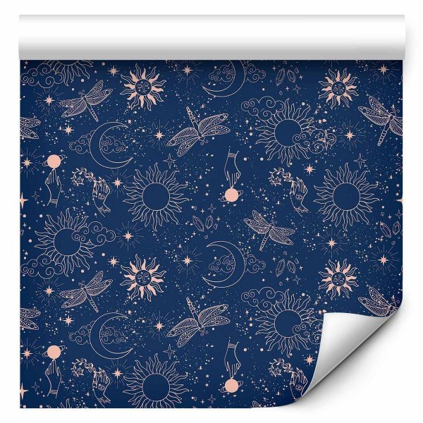Tapisserie murale - Cosmic Fantasy - Pattern with Suns - Moons - and Dragonflies on a Dark Background