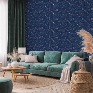 Tapisserie murale - Cosmic Fantasy - Pattern with Suns - Moons - and Dragonflies on a Dark Background