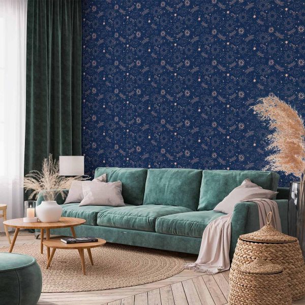 Tapisserie murale - Cosmic Fantasy - Pattern with Suns - Moons - and Dragonflies on a Dark Background