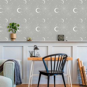 Tapisserie murale - Cosmic Fireworks - Elegant pattern with moons and stars on a gray background