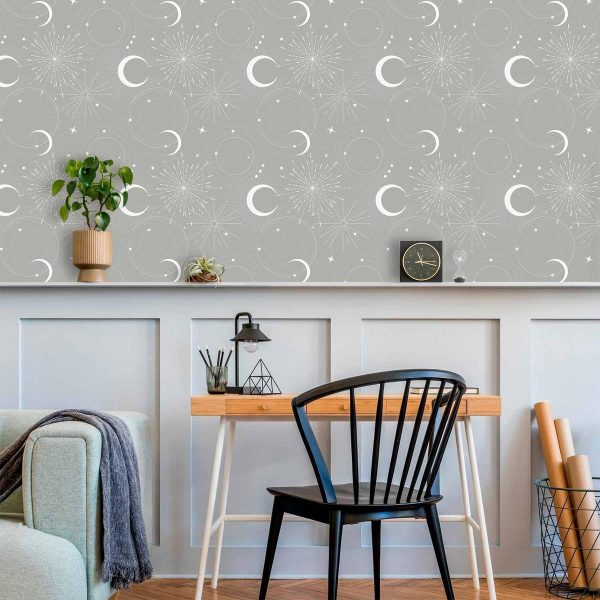 Tapisserie murale - Cosmic Fireworks - Elegant pattern with moons and stars on a gray background