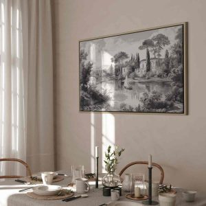 Tableau - Black and White Vintage Landscape Retro View of a Pond with a Boat