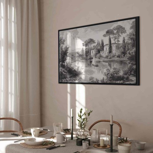 Tableau - Black and White Vintage Landscape Retro View of a Pond with a Boat