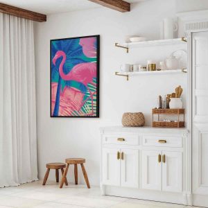 Tableau - Pink Flamingo - Abstract Flamingo Against Palms and Ice Cubes