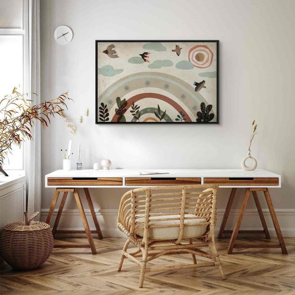 Tableau - Rainbow and Sun Above - Birds in Subdued Colors Flying Among Clouds Above a Rainbow and Various Plants on a Light Background