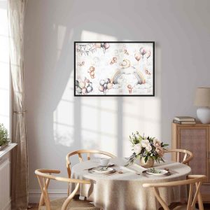 Tableau - Toy Bears with Balloons - Flying Plush Bears Among Balloons Clouds and Rainbows in Subtle Pastel Hues