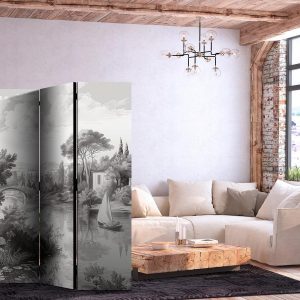 Paravent - Black and White Vintage Landscape - Retro View of a Pond with a Boat