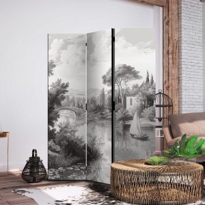 Paravent - Black and White Vintage Landscape - Retro View of a Pond with a Boat