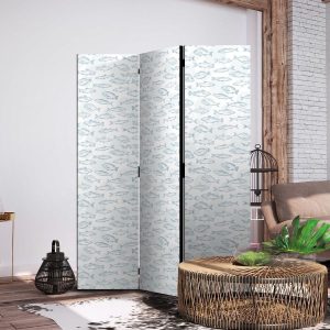 Paravent - Blue Fish - Blue Outlines of Various Species of Fish on a White-Blue Background