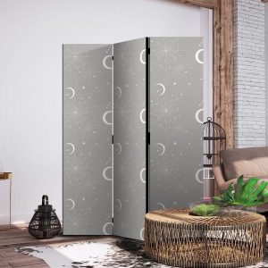 Paravent - Cosmic Fireworks - Elegant Pattern with Moons and Stars on a Gray Background