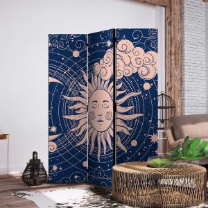 Paravent - Cosmic Harmony - Illustration of the Sun and Moon on a Navy Background