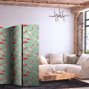 Paravent - Fish and Japanese Pattern - Koi Fish in Orange-Cream Colors on a Green-Mint Background with an Oriental Pattern