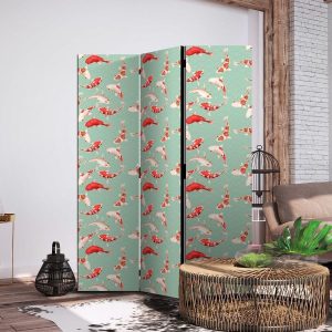 Paravent - Fish and Japanese Pattern - Koi Fish in Orange-Cream Colors on a Green-Mint Background with an Oriental Pattern