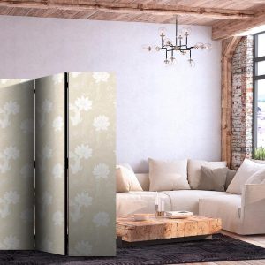 Paravent - Fish and Water Lilies - Bright Oriental Fish Swimming Among Water Flowers on a Delicate Sand-Beige Background