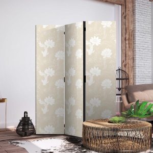 Paravent - Fish and Water Lilies - Bright Oriental Fish Swimming Among Water Flowers on a Delicate Sand-Beige Background