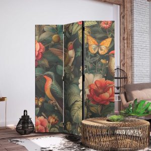 Paravent - In the Botanical Garden - Flowers Birds and Butterflies - Colorful Illustration