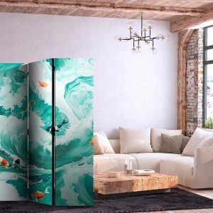 Paravent - Koi Fish Among Waves - Japanese Fish Among Waves in Shades of Turquoise And White