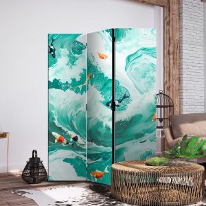 Paravent - Koi Fish Among Waves - Japanese Fish Among Waves in Shades of Turquoise And White