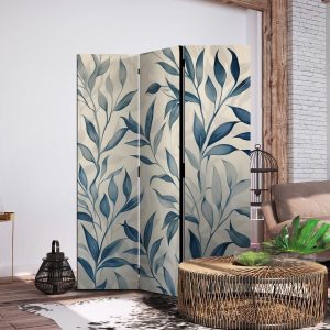 Paravent - Leaves in Blue Colors - Delicate Botanical Motif