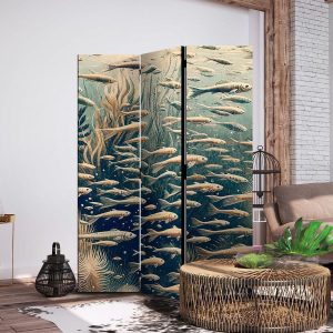 Paravent - Life in the Ocean - Underwater World of Fish and Vegetation in Beige and Navy Colors in Retro Style